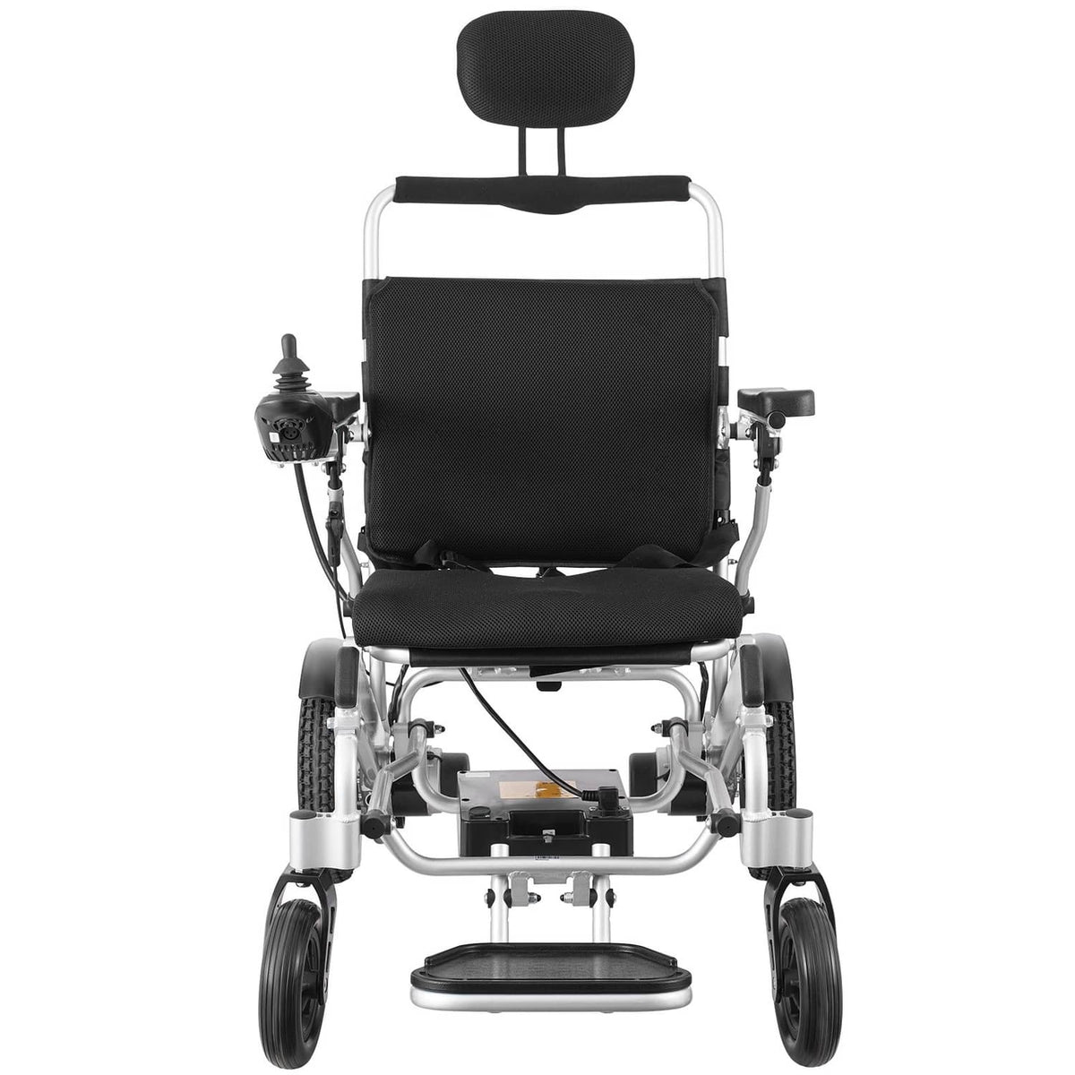 Motorized electric wheelchair with black seat and backrest cushion, silver frame, rear view