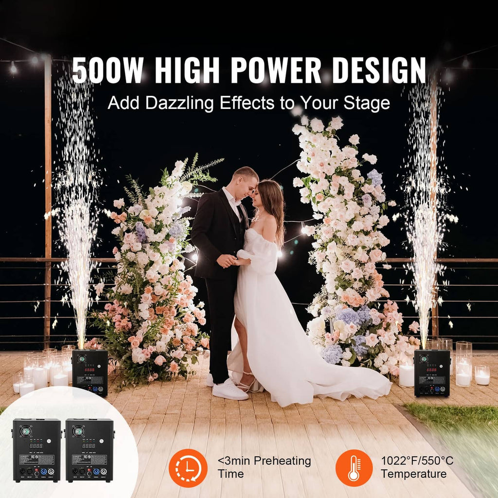 Cold spark machine effect with two units producing bright vertical sparks on stage
