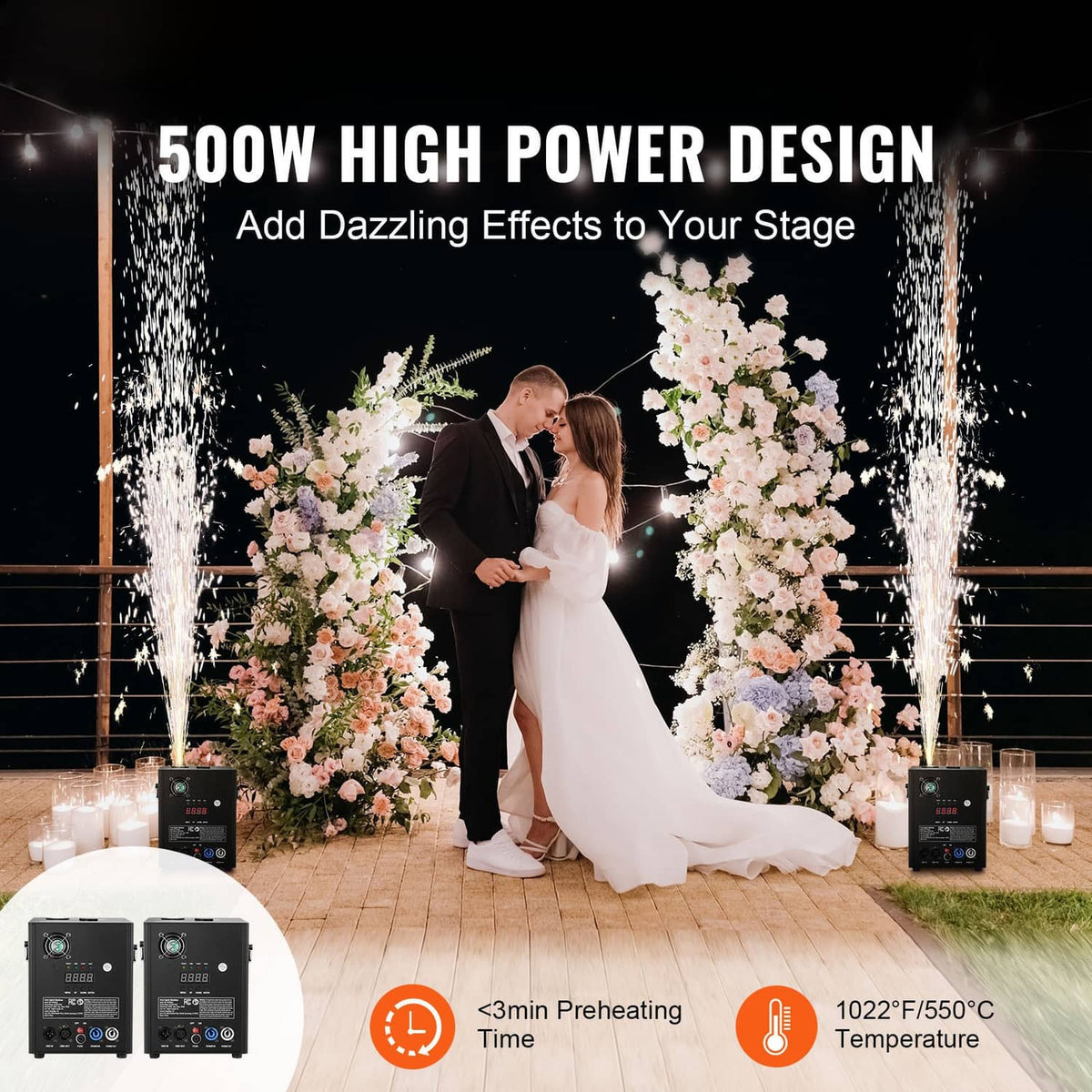 Cold spark machine effect with two units producing bright vertical sparks on stage