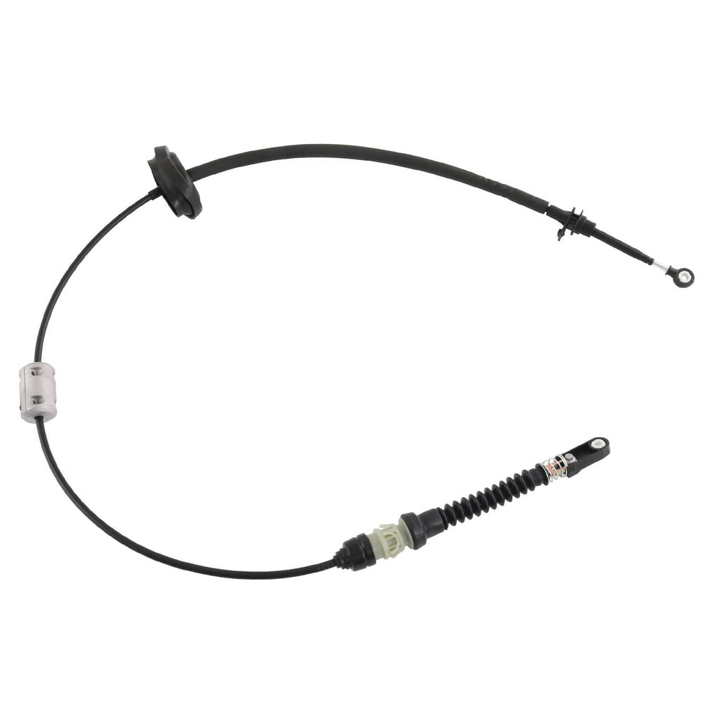 Auto transmission shift cable with curved black cable, metal link end, and protective boot