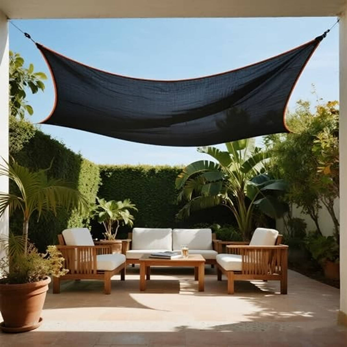 Black mesh shade cloth overhead tarp with curved drape and grommeted corners