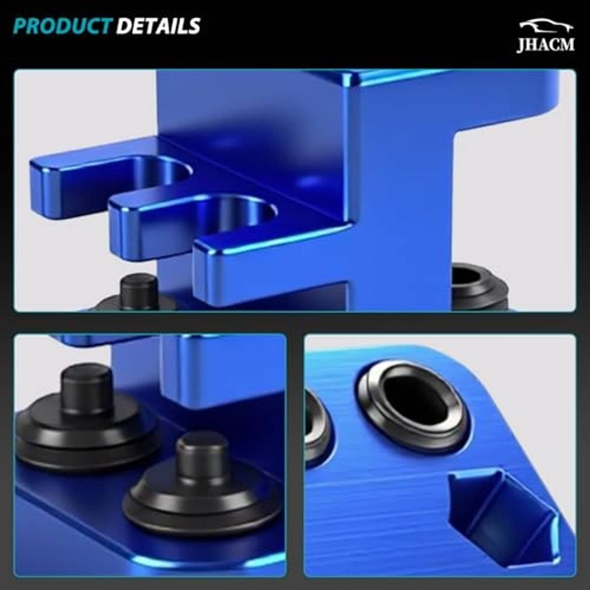 Blue master link press tool close-up with two black pressing heads