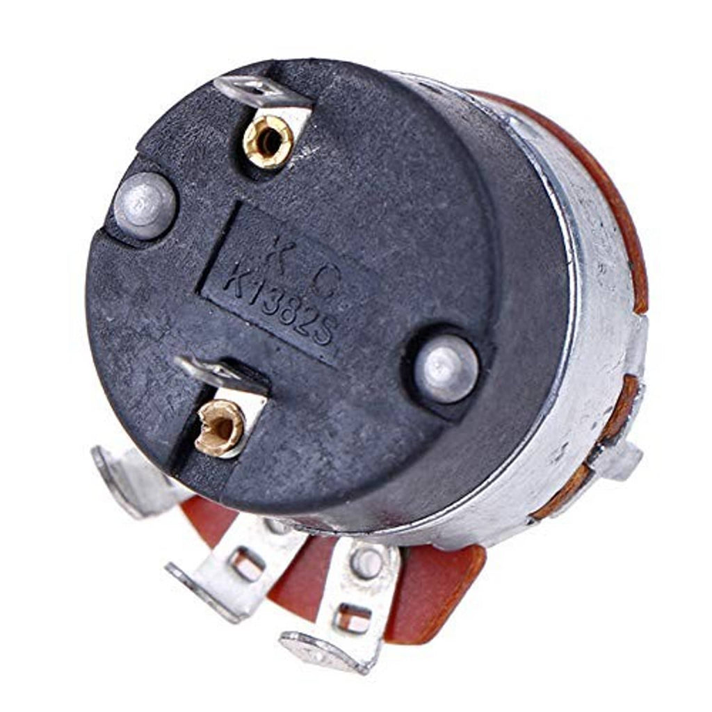 Rotary potentiometer back view; black casing with screw terminals and metal shaft
