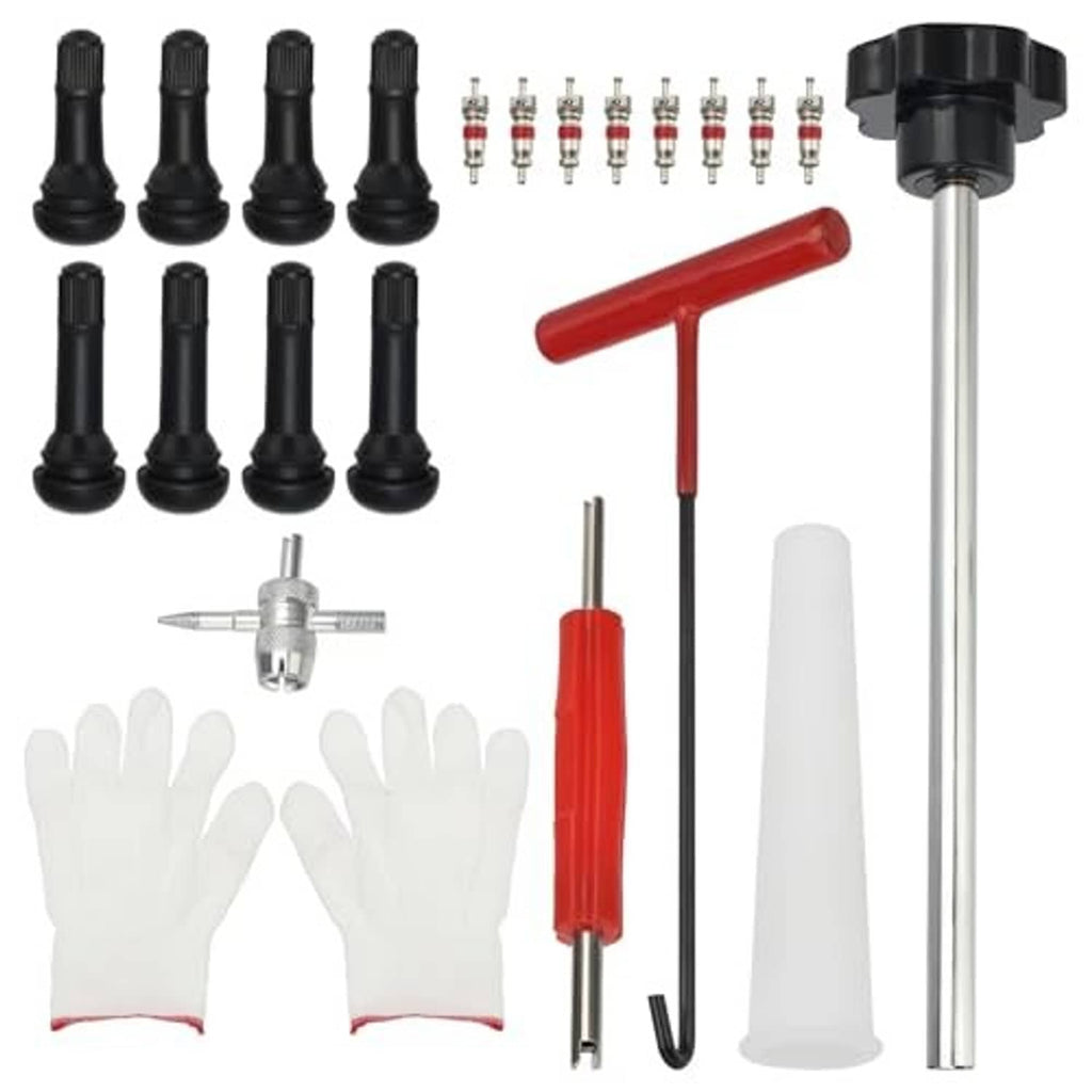 Tire valve tool kit set with valve stems, core remover, red-handled tool, white cone, gloves