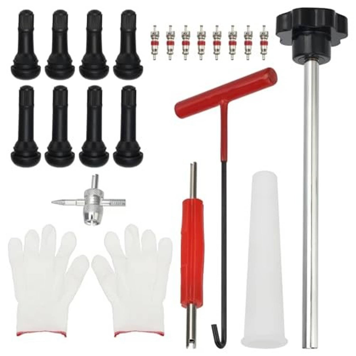 Tire valve tool kit set with valve stems, core remover, red-handled tool, white cone, gloves