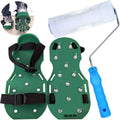 Green spiked shoes with metal nail studs and blue-handled spiked roller tool