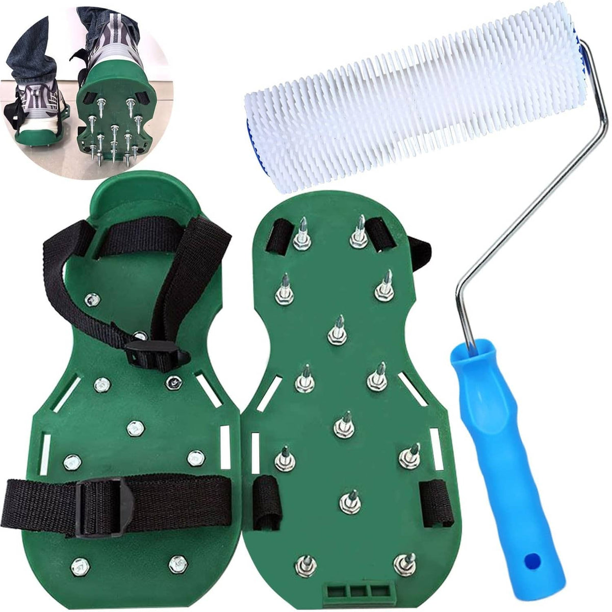 Green spiked shoes with metal nail studs and blue-handled spiked roller tool