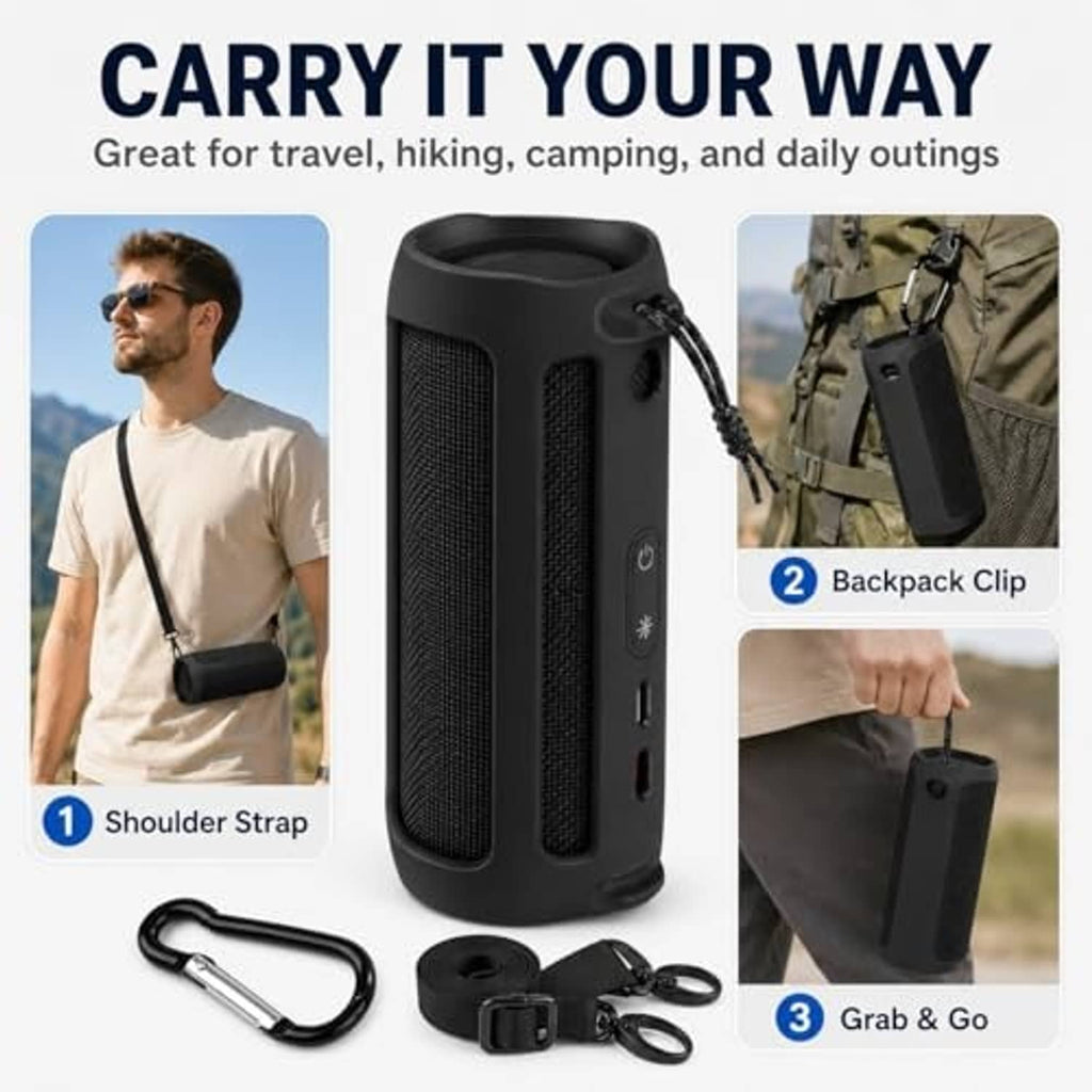 Black silicone speaker case with shoulder strap and carabiner for carrying