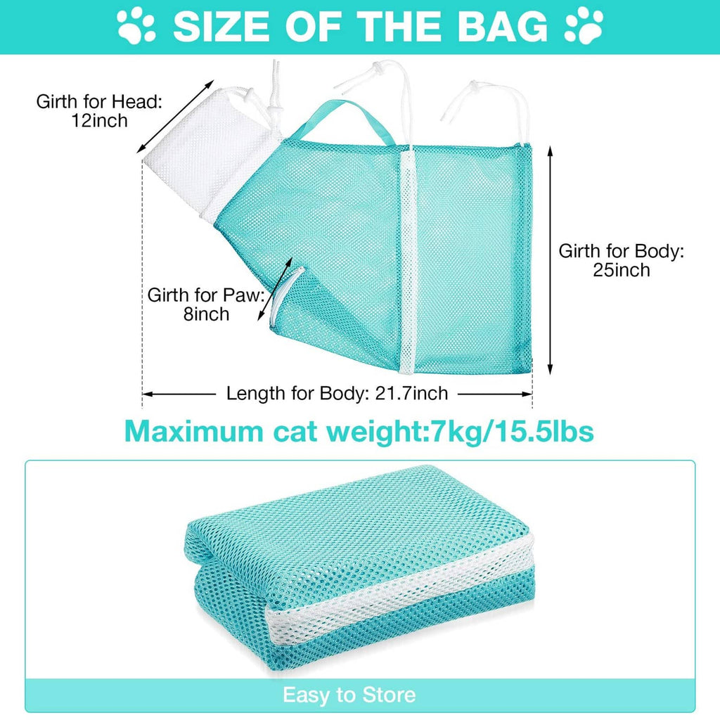 Teal mesh cat bathing net bag size view with handle and mesh enclosure