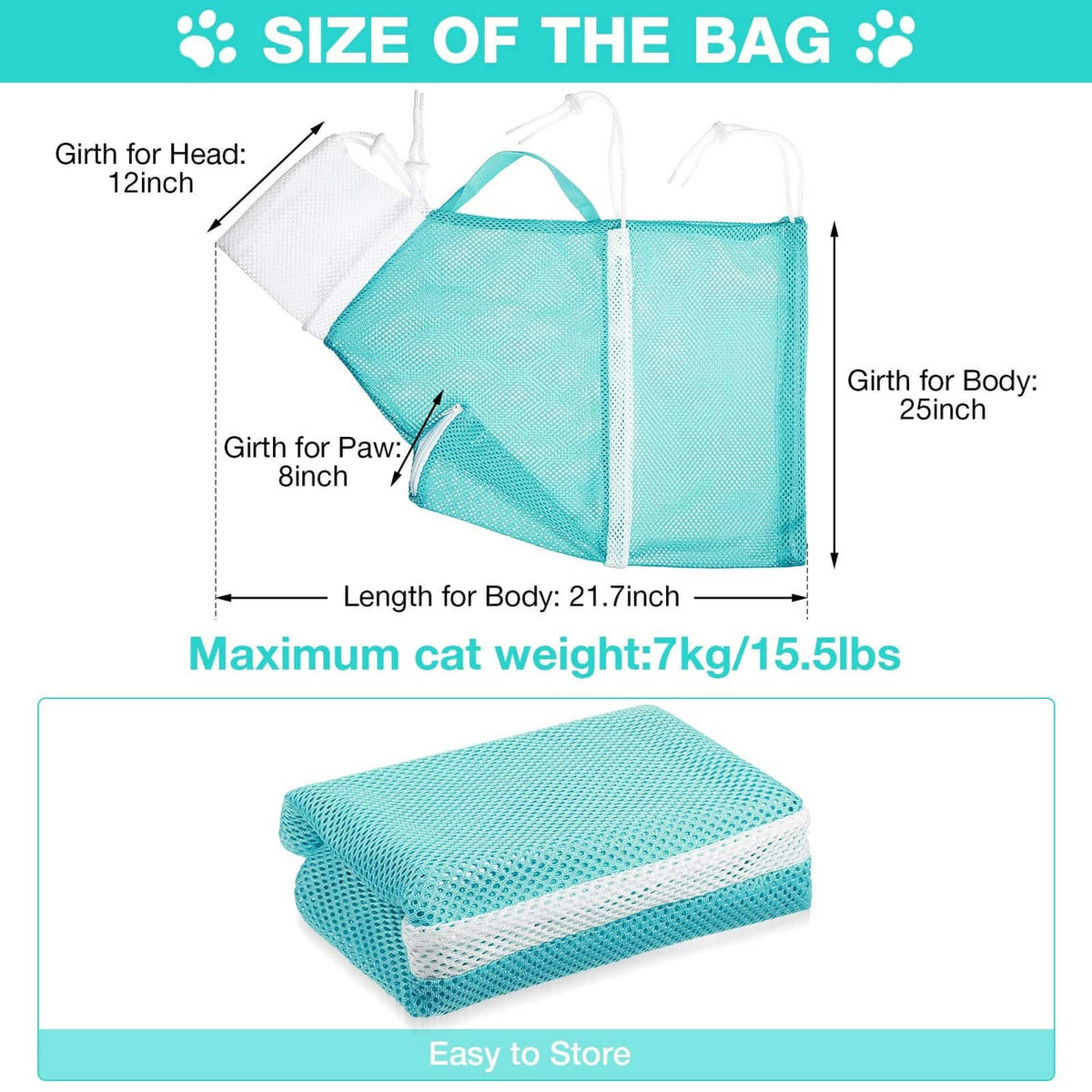 Teal mesh cat bathing net bag size view with handle and mesh enclosure