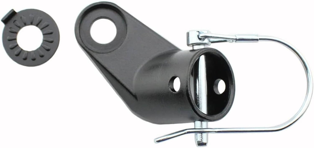 Black bike trailer hitch coupler with metal spring clip, plus lock washer