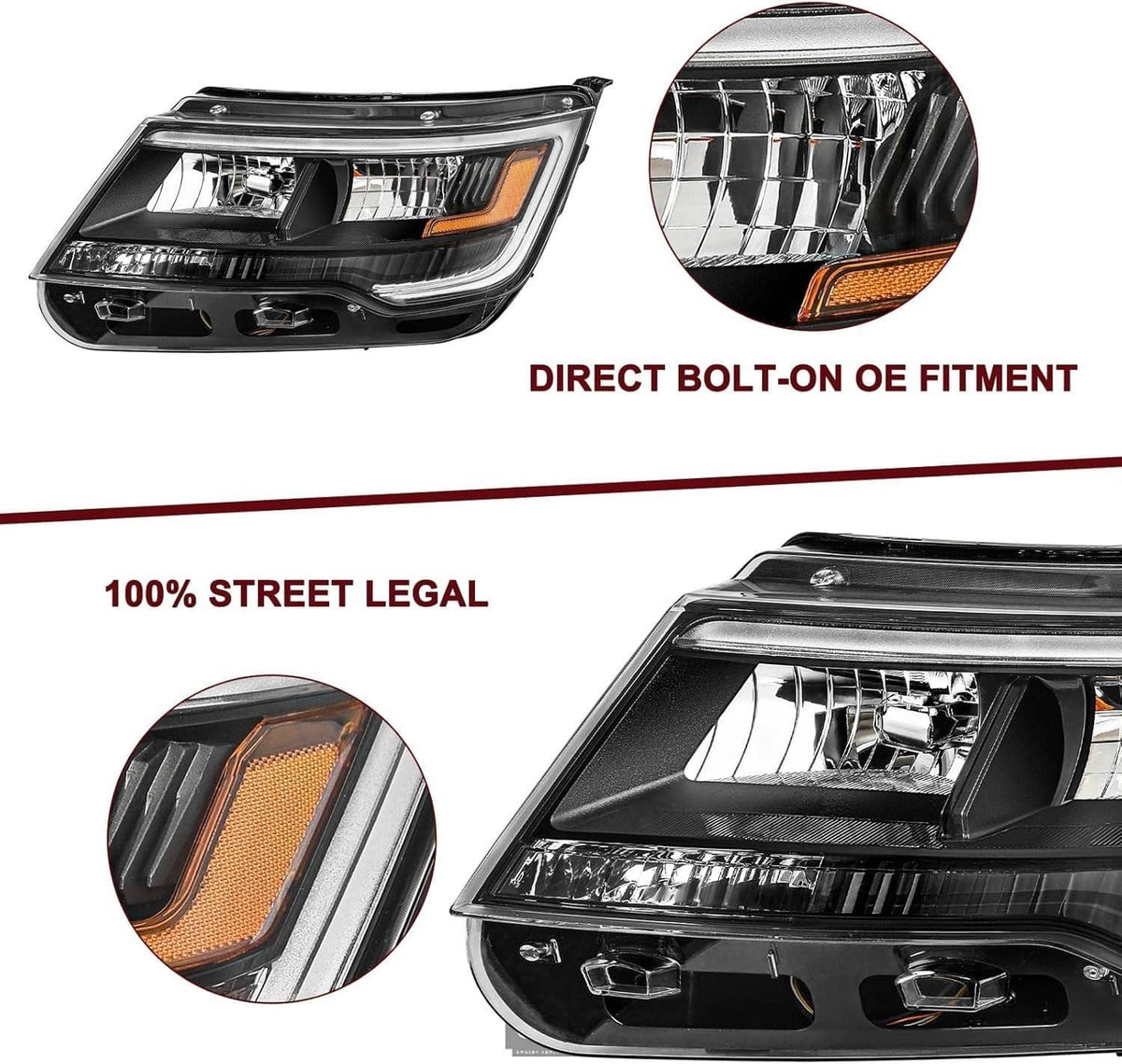 Pair LED DRL headlight assembly angled view with amber side marker and clear projector
