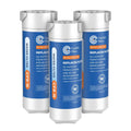 Refrigerator water filter cartridges, three-pack, white and blue with top caps