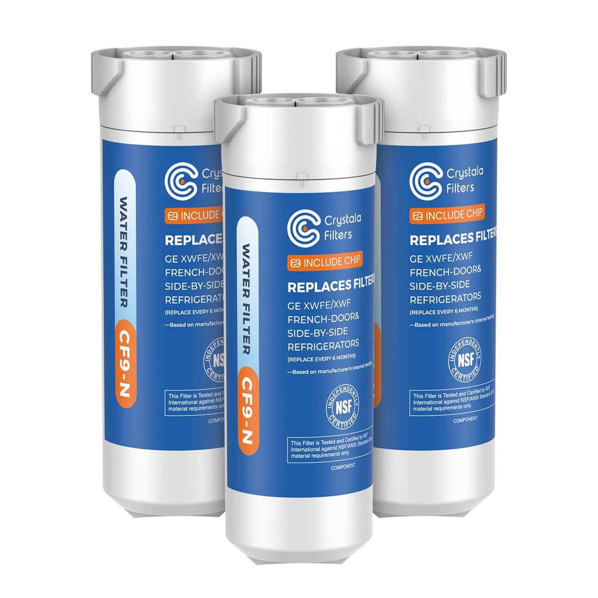 Refrigerator water filter cartridges, three-pack, white and blue with top caps