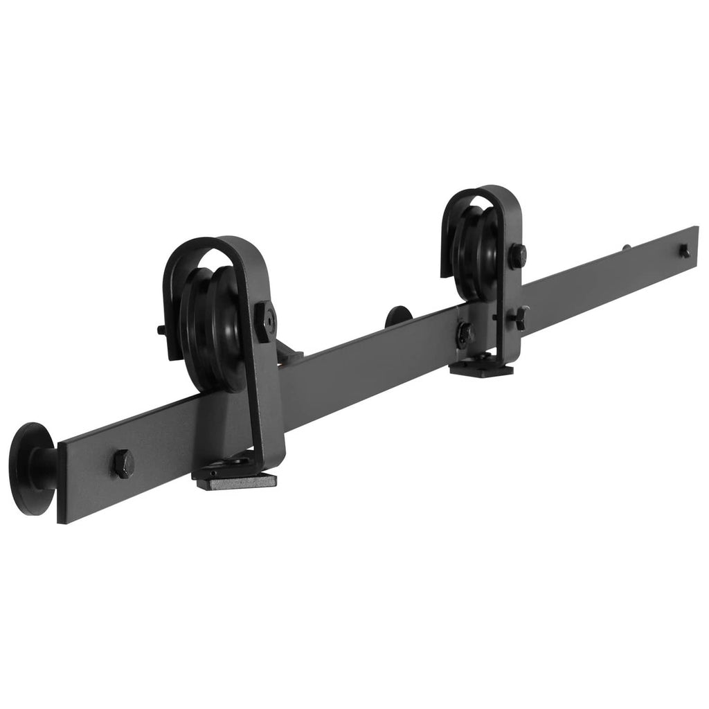 Barn door hardware rail with two black roller hangers for smooth folding sliding doors