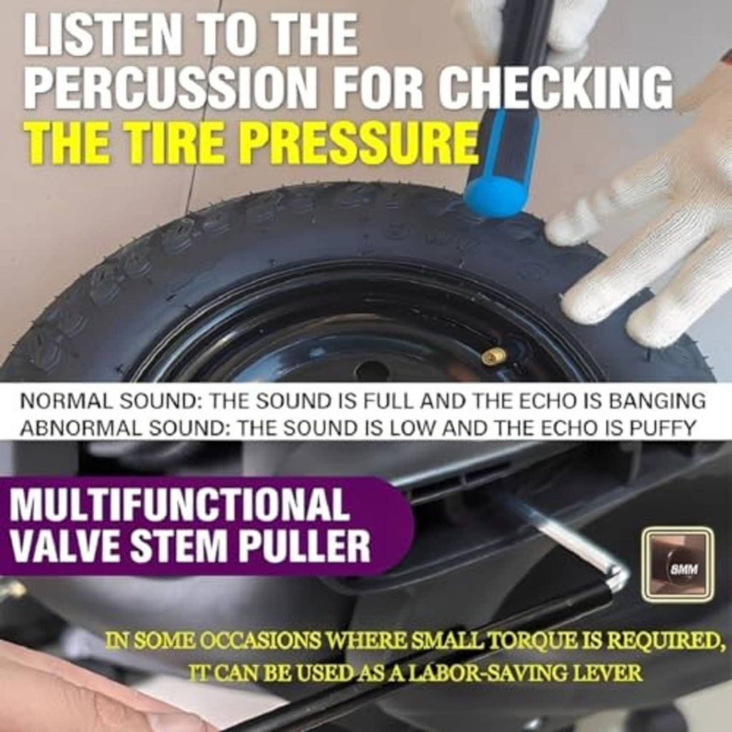 Metal valve stem puller tip at tire valve area held by a gloved hand
