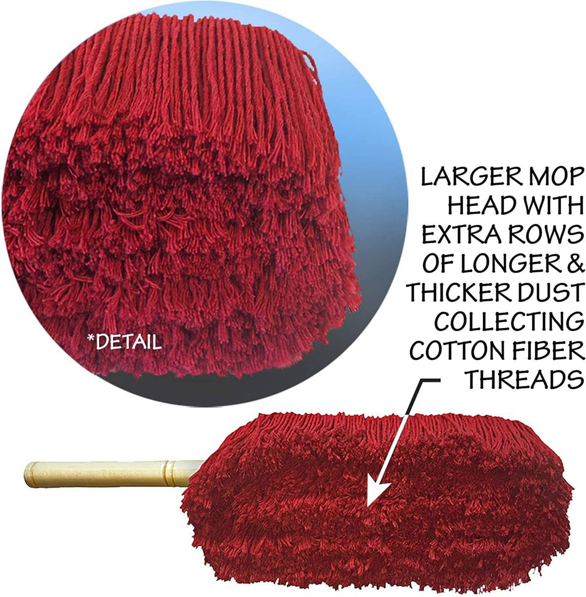 Red car duster mop head detail with long fringe cotton fibers and wooden handle