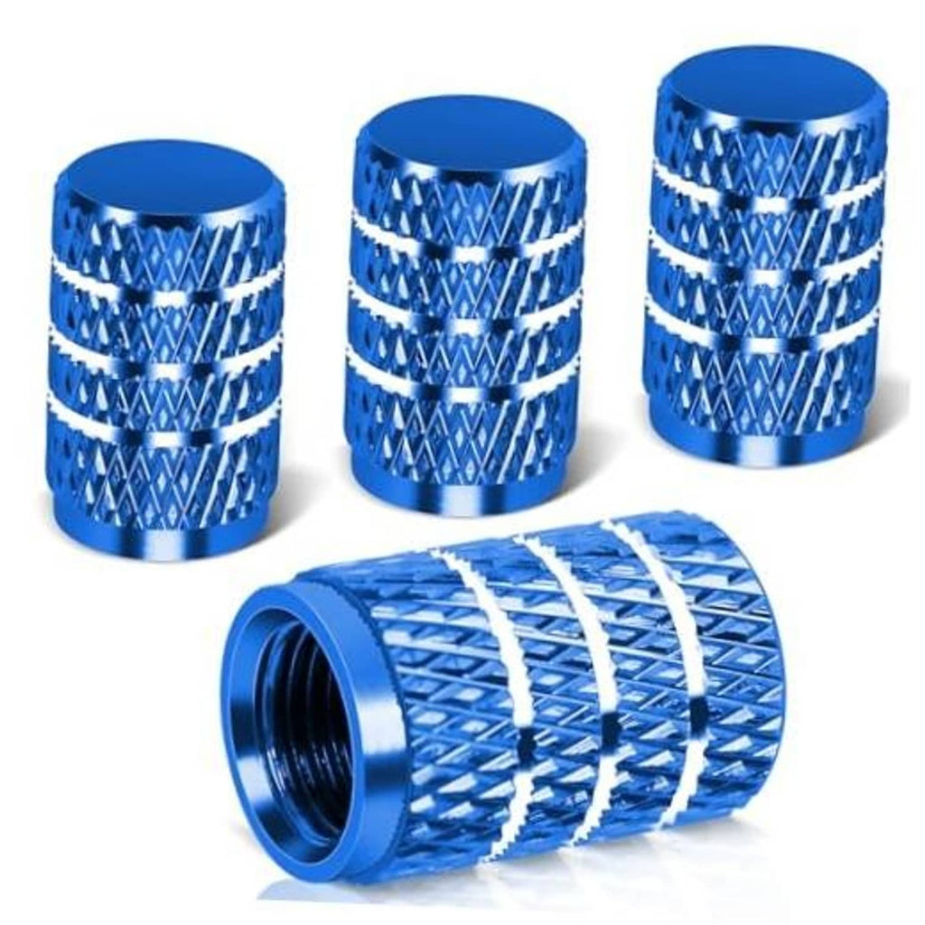 Blue aluminum tire valve stem caps, knurled diamond texture set of four