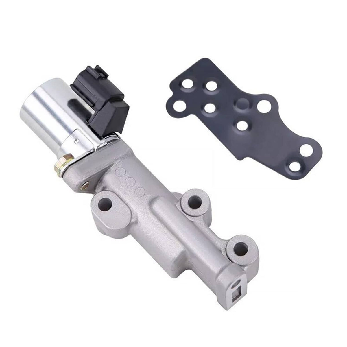 Variable timing solenoid with silver body and black mounting plate and connector