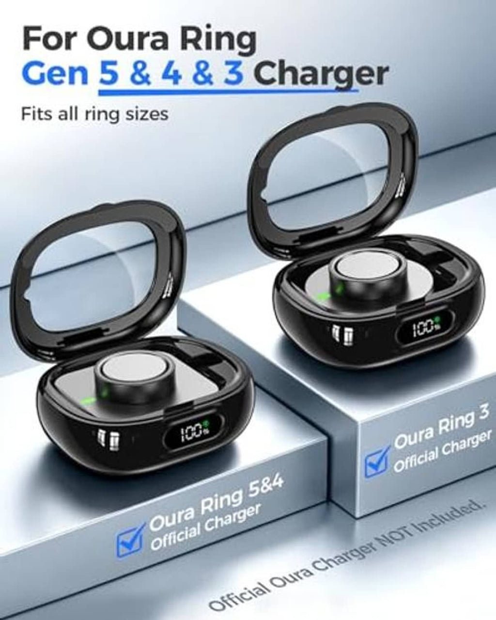 Multiple black charging cases for ring use with open lids and LED battery displays