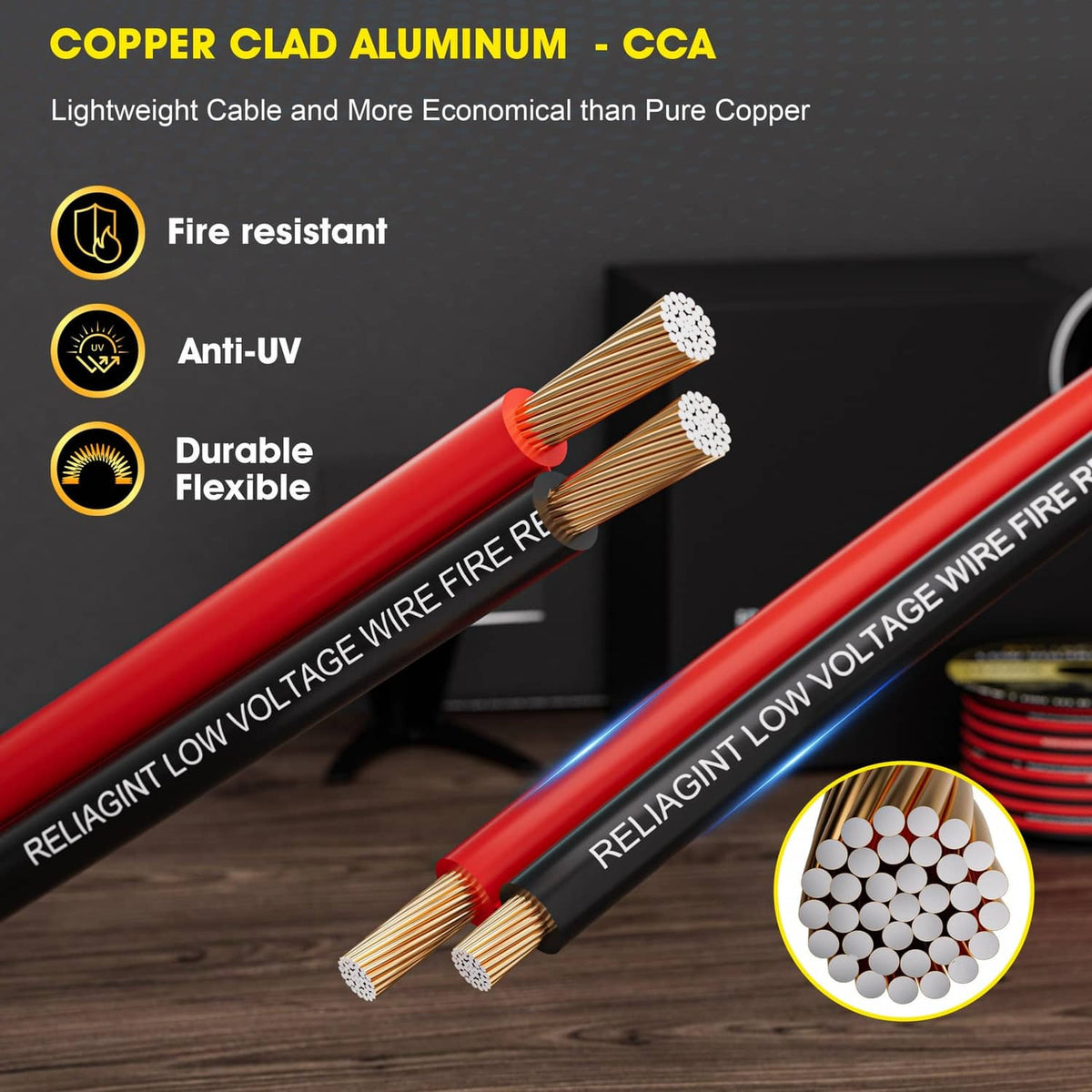 Red and black 2-core low-voltage cable, copper-clad aluminum (CCA) conductors