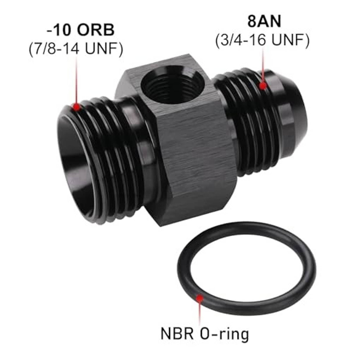 Black metal AN adapter fitting with NBR O-ring and two threaded connections