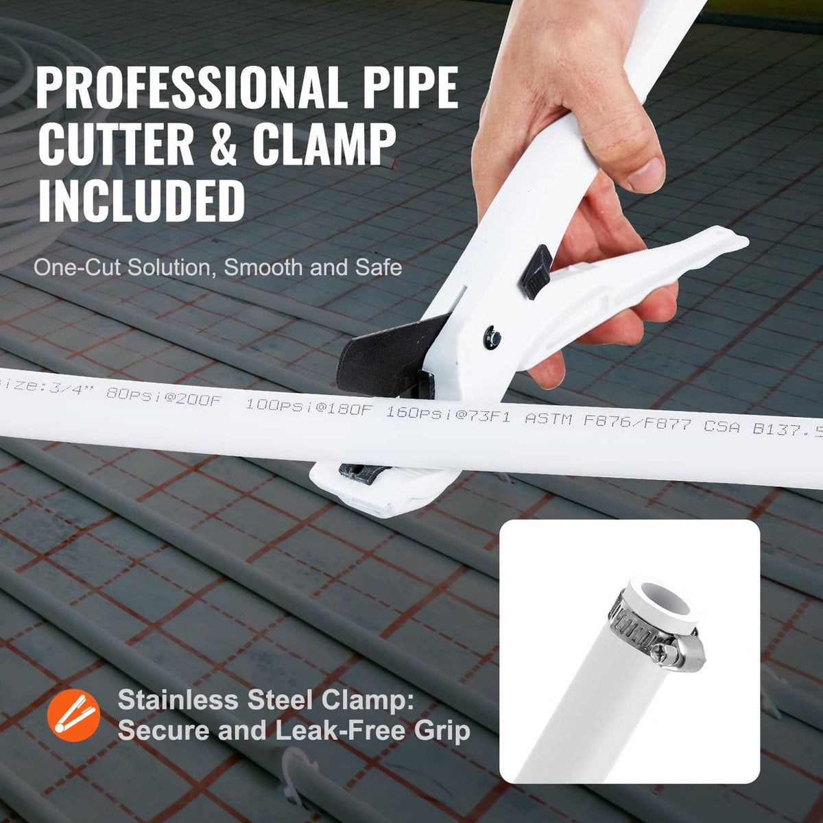 White PEX-B pipe tubing with included professional pipe cutter and clamp