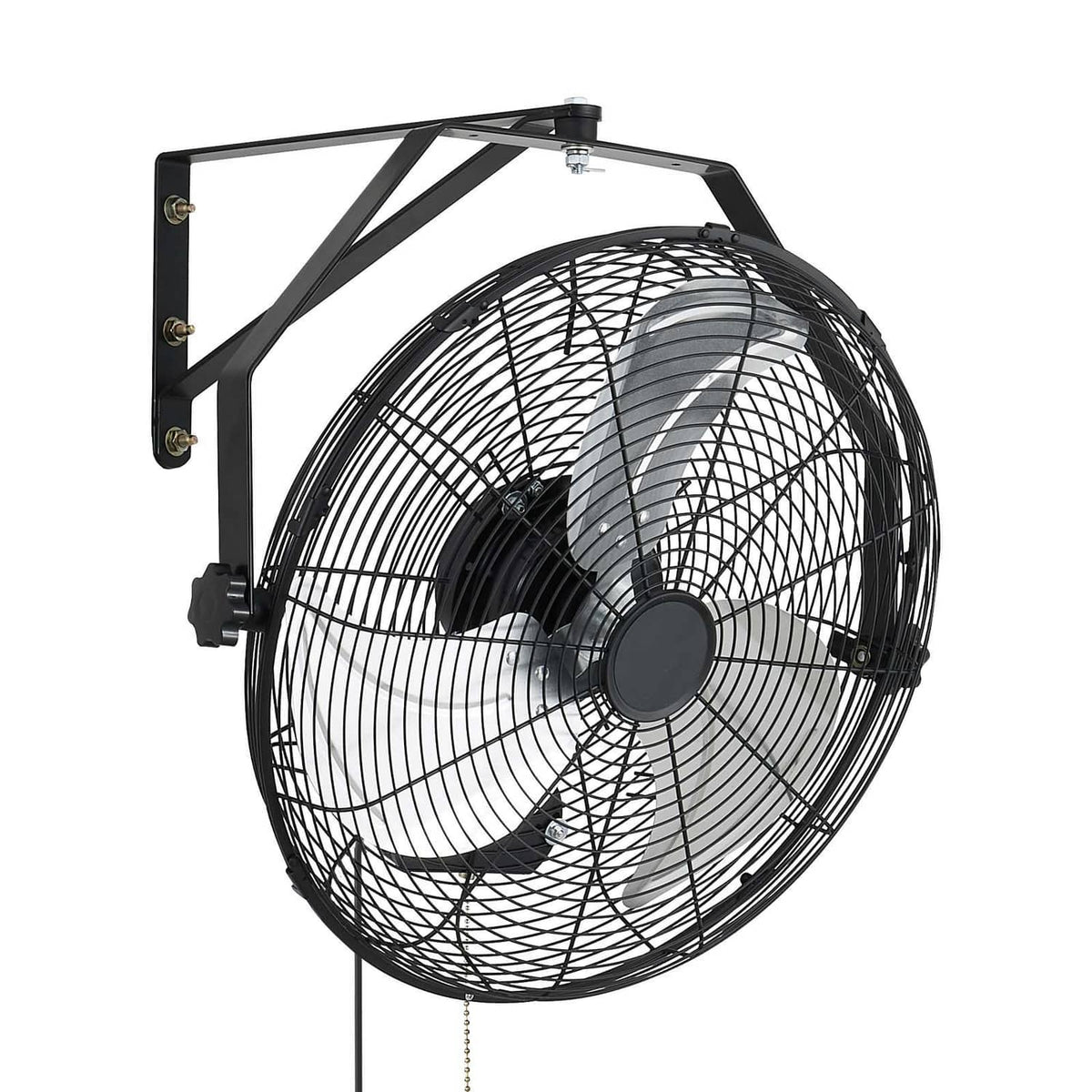 Close-up wall fan with black wire grille, three blades, and heavy-duty mounting frame