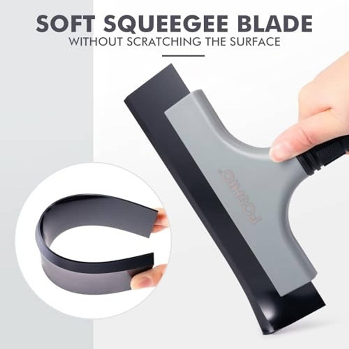 Car squeegee blade with light-gray frame and dark rubber edge held by hand