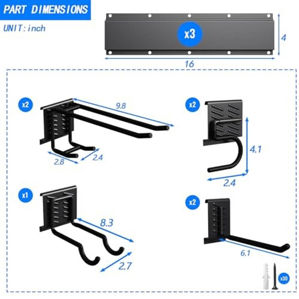 Tool organizer rack parts diagram with mounting brackets and curved hooks