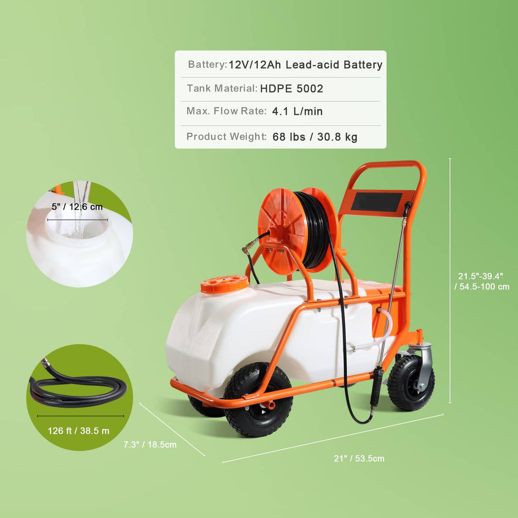 Battery lawn sprayer cart with white tank, orange frame, hose reel, and wheels