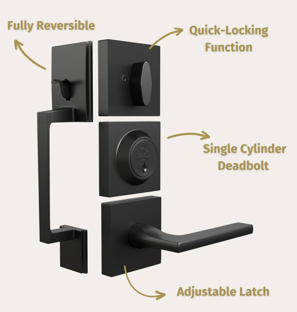 Matte black reversible entry door handleset with single-cylinder deadbolt and lever