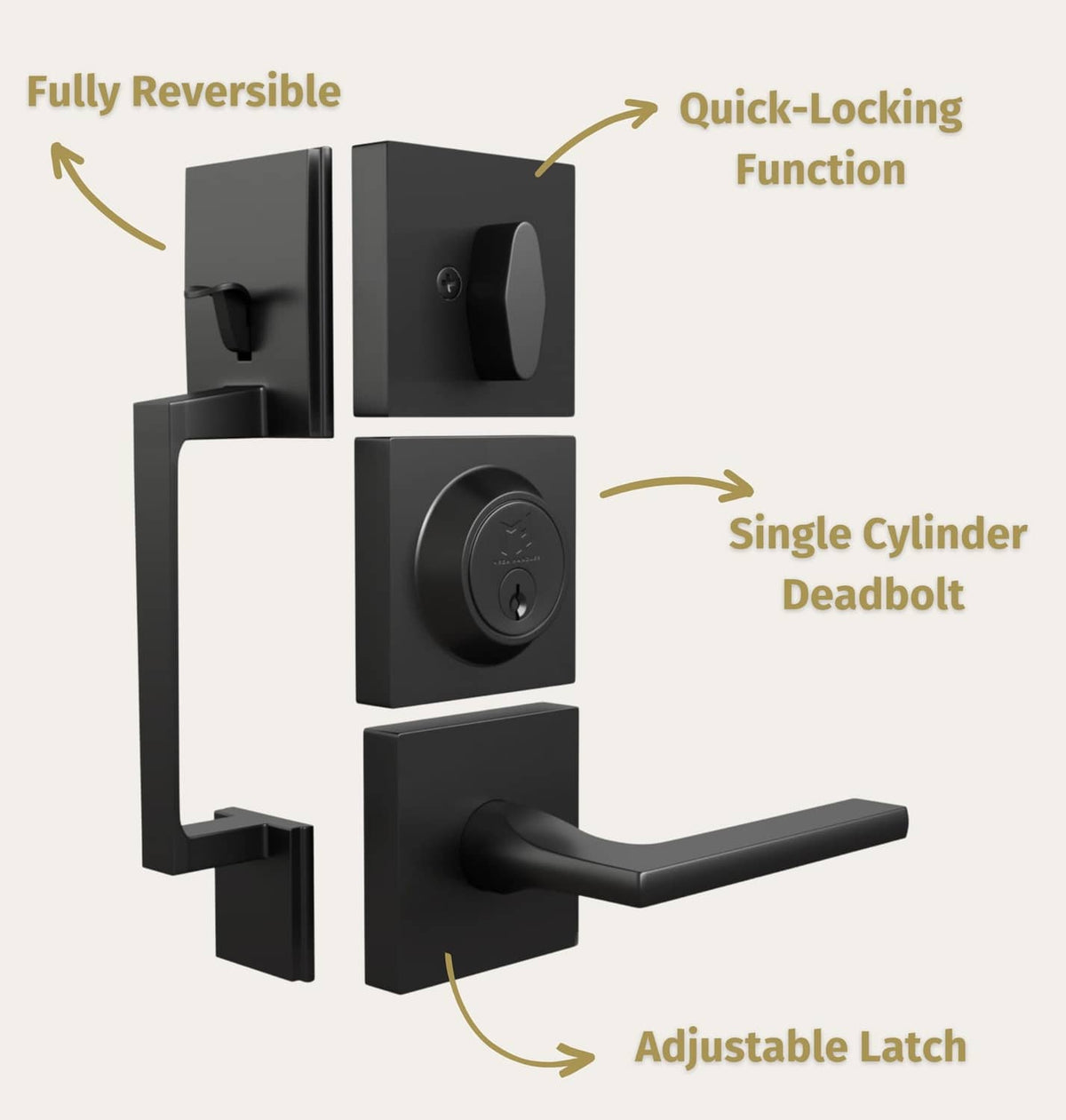 Matte black reversible entry door handleset with single-cylinder deadbolt and lever