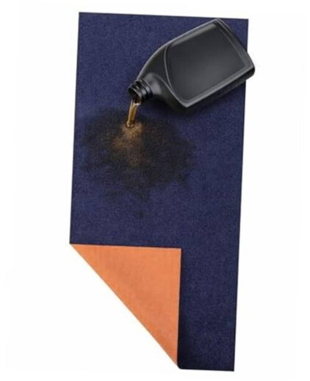 Blue oil change mat with orange absorbent section, folded corner and rubber backing