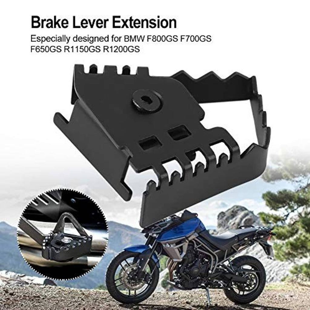 Motorcycle brake lever extension pad, black metal bracket with bolt hole and grip teeth