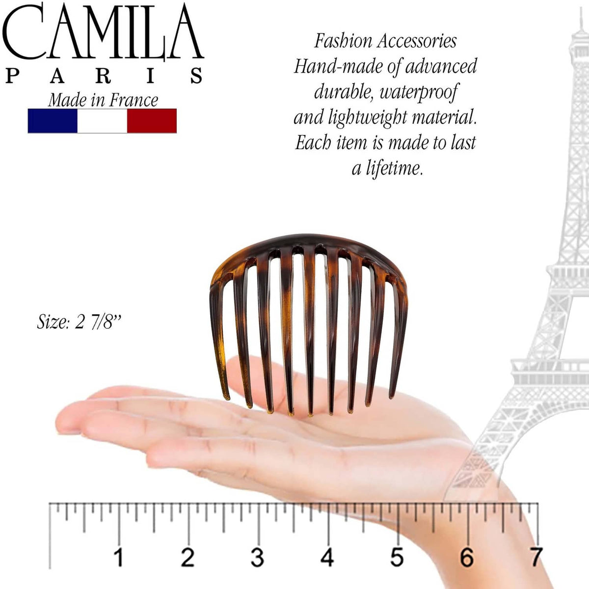 Tortoise shell hair side comb shown with size markings in palm