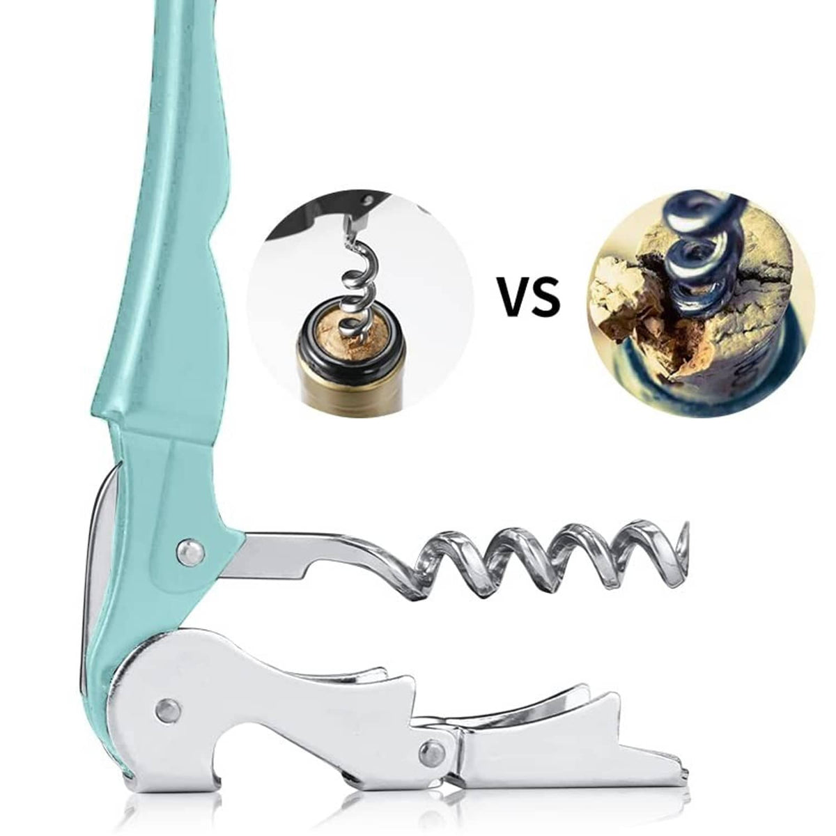 Cyan corkscrew with spring lever and foil cutter, stainless steel base and spiral