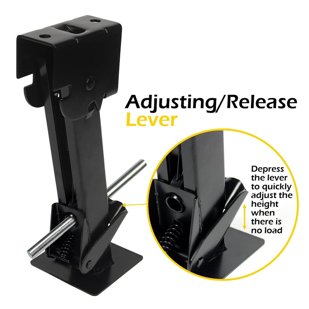 Black swing-down stabilizer jack with adjusting/release lever and crank rod