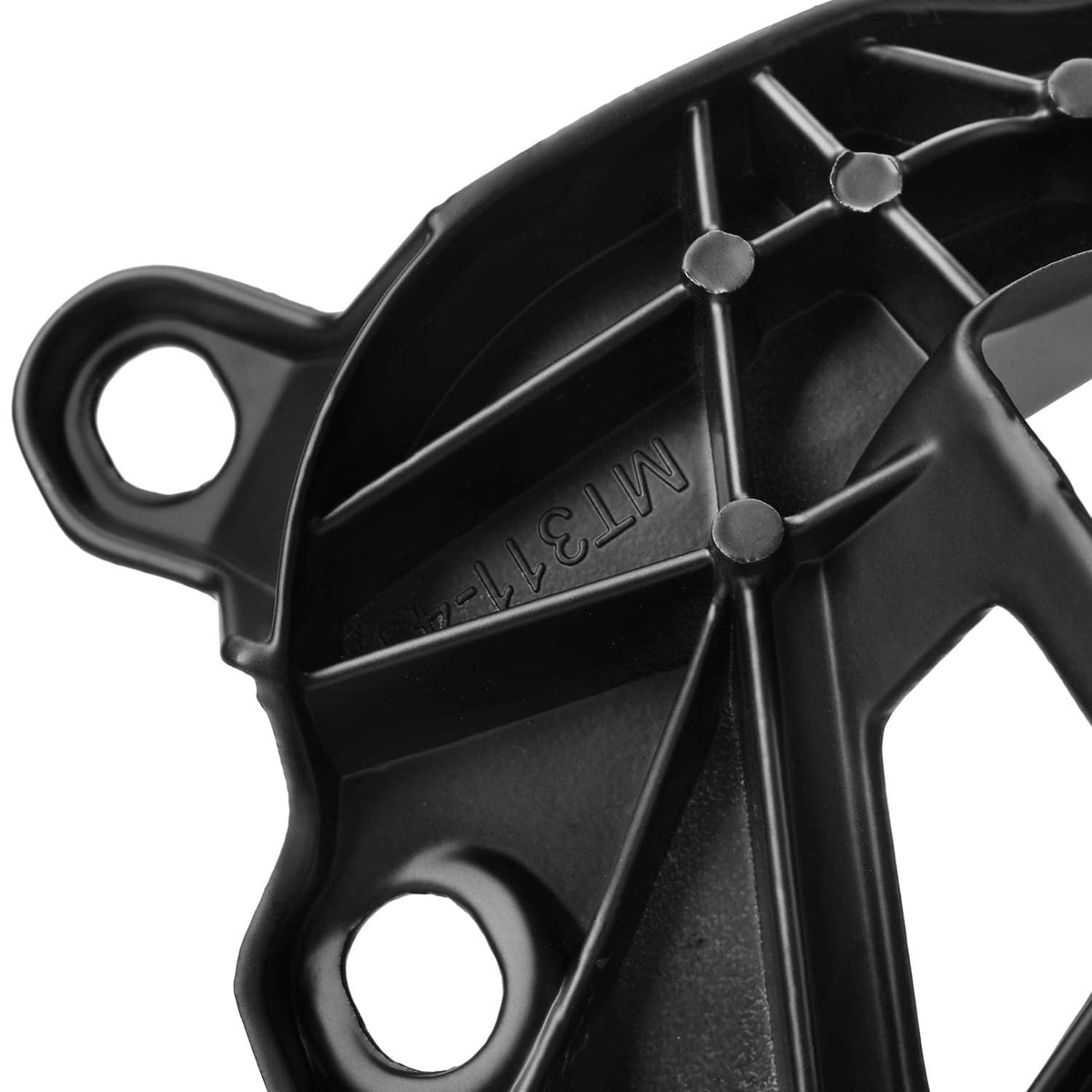 Close-up of black bracket underside with stamped lettering and mounting holes