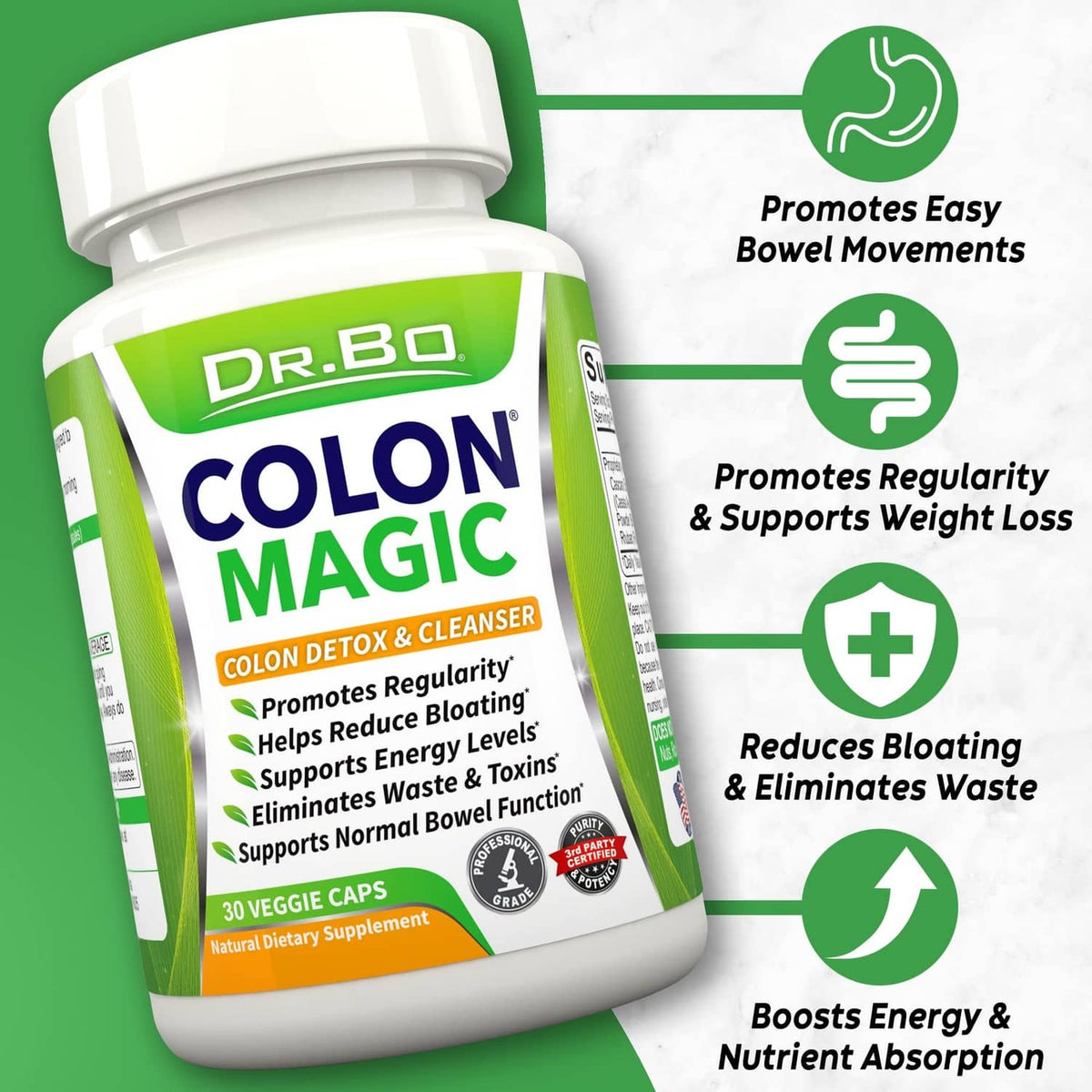 Dr.BO Colon Magic bottle with front label and illustrated benefit icons on side panel