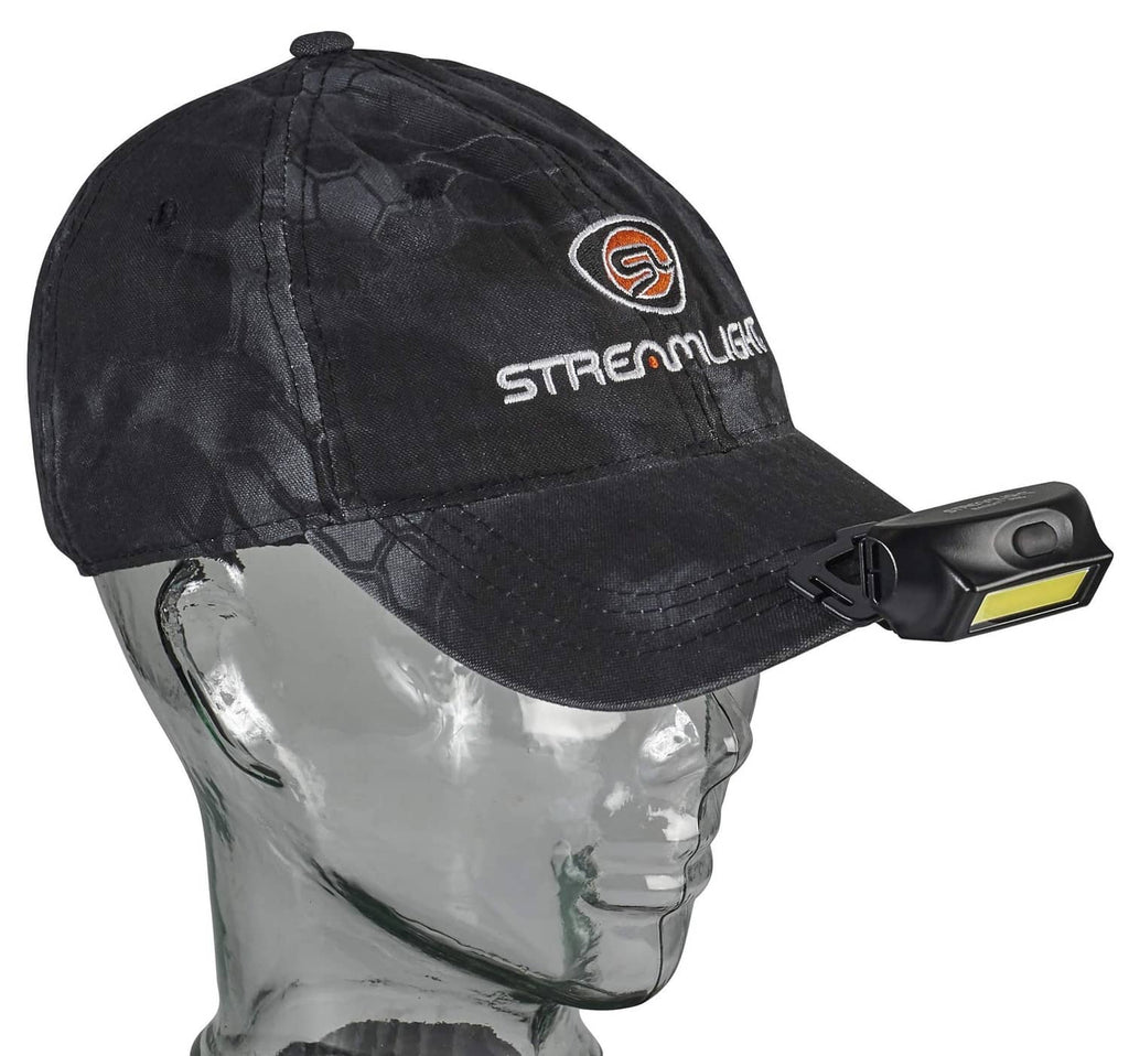Black cap with Streamlight Bandit headlamp mounted on bill, yellow light window