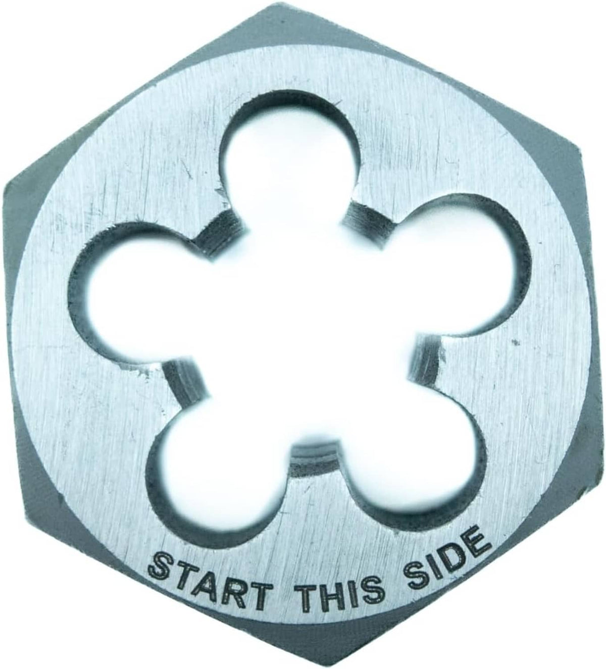Hex external threading die front view with five-lobe cutouts and start-side label