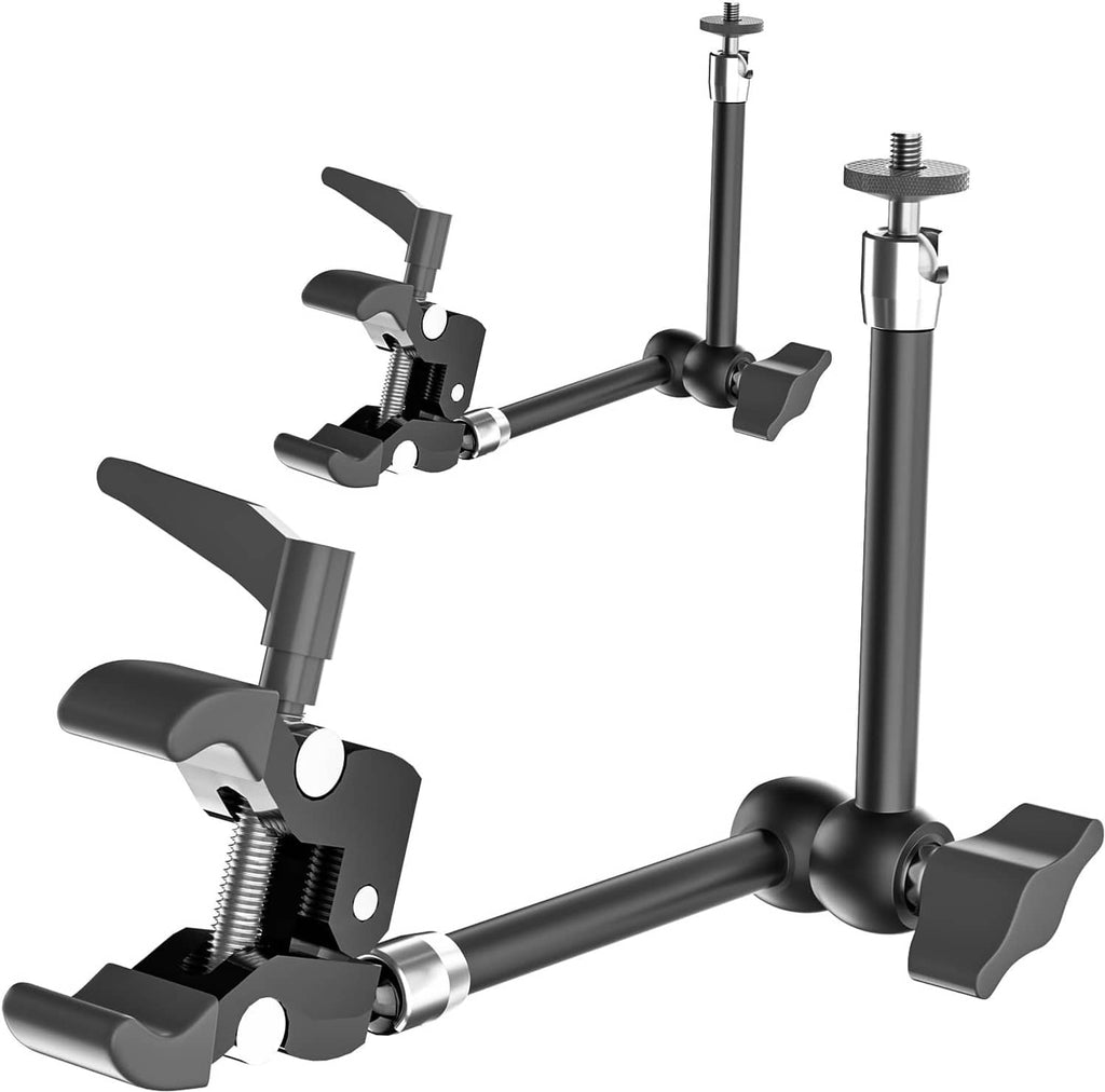 Black dual-arm clamp mount with super clamp base and adjustable joints