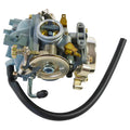 Metal carburetor assembly with throttle cable and fuel inlet hose, close-up.