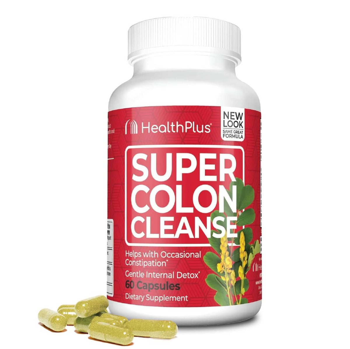 Red-labeled dietary supplement bottle for colon cleanse, 60 capsules, white cap