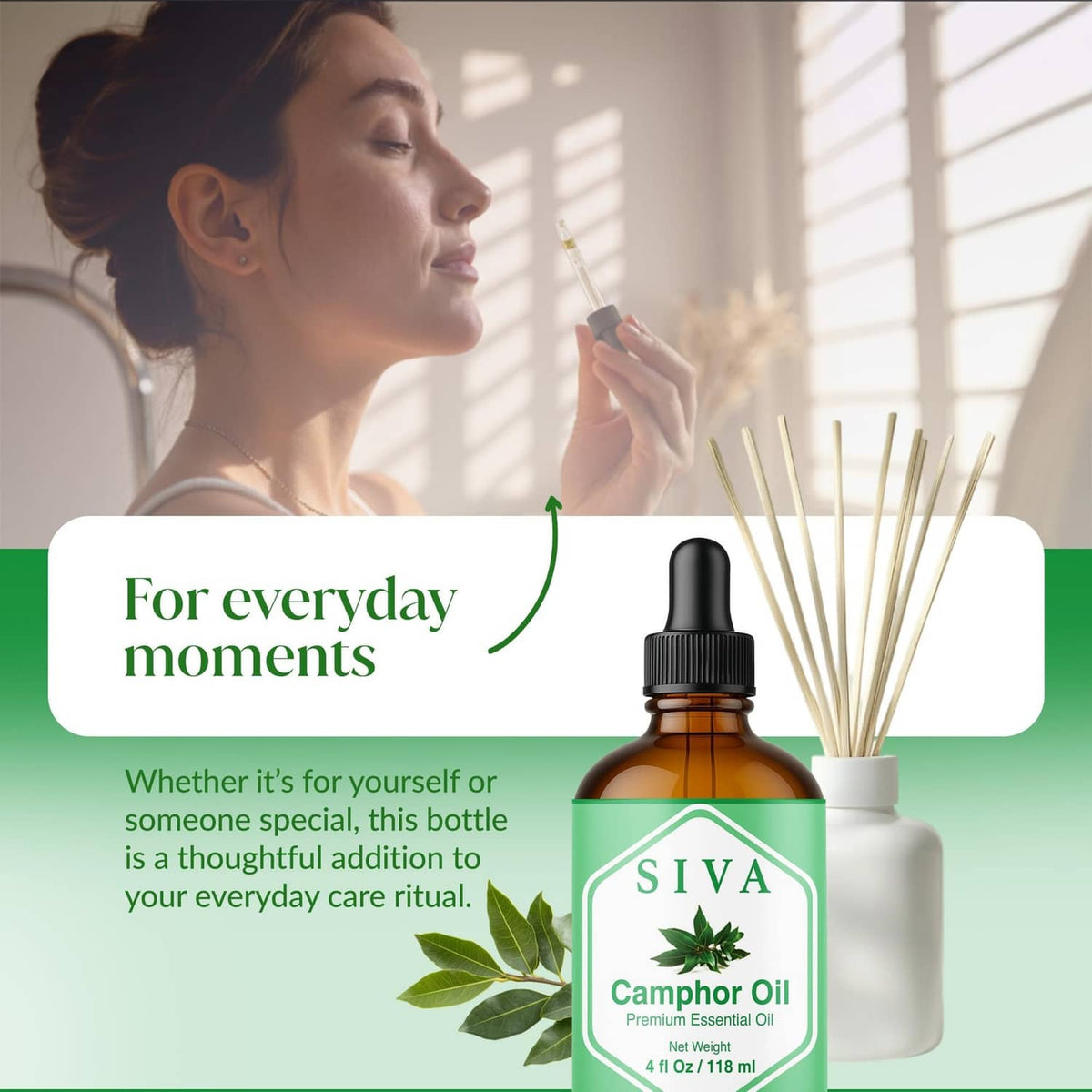 SIVA camphor essential oil bottle with dropper near diffuser reeds