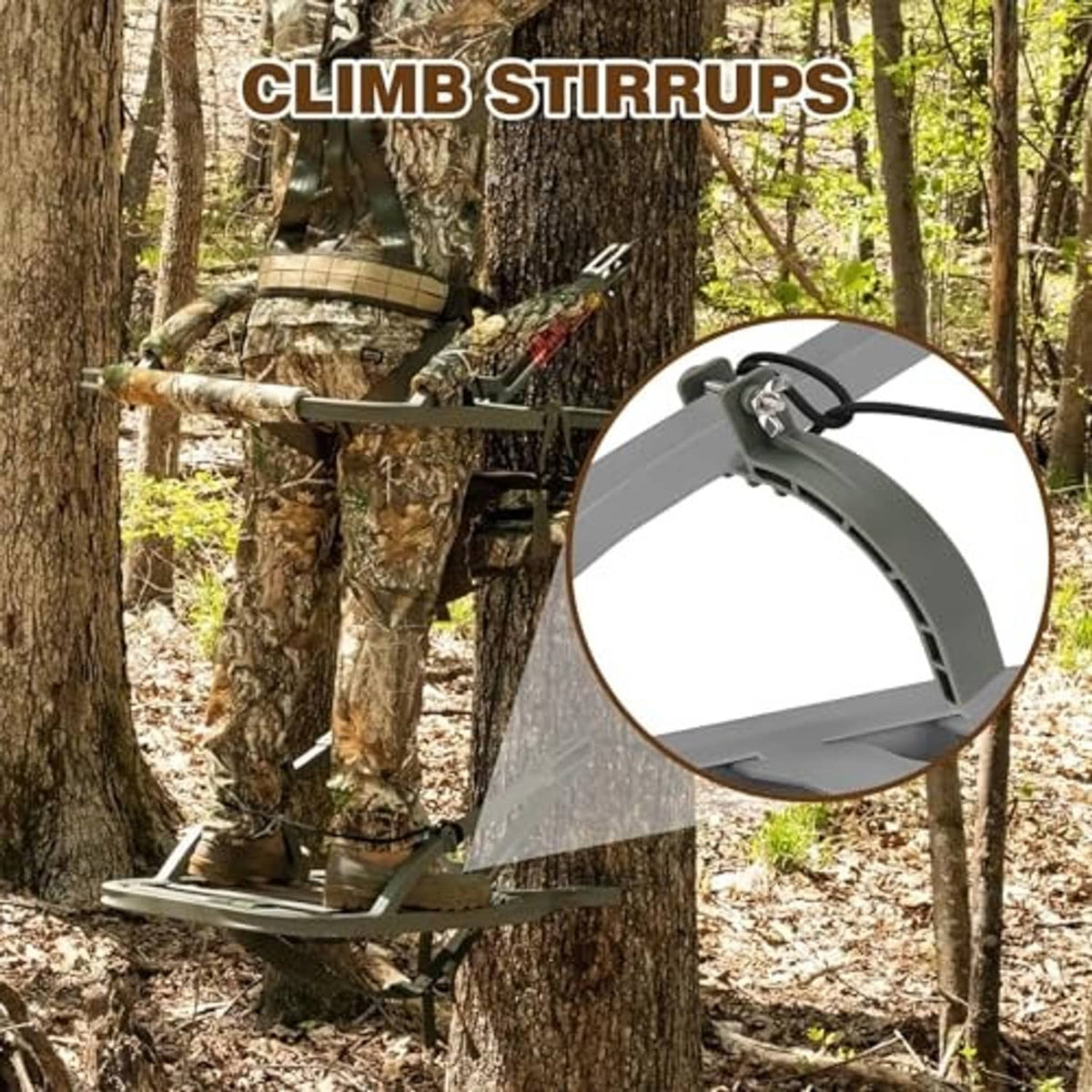 Gray climbing stirrups mounted on a tree stand platform for hunting