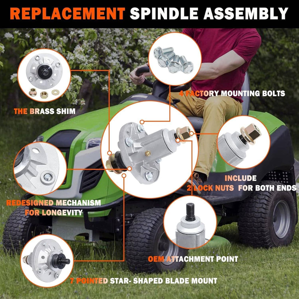 Replacement spindle assembly mounted on a lawn mower deck, with visible bolts and nuts