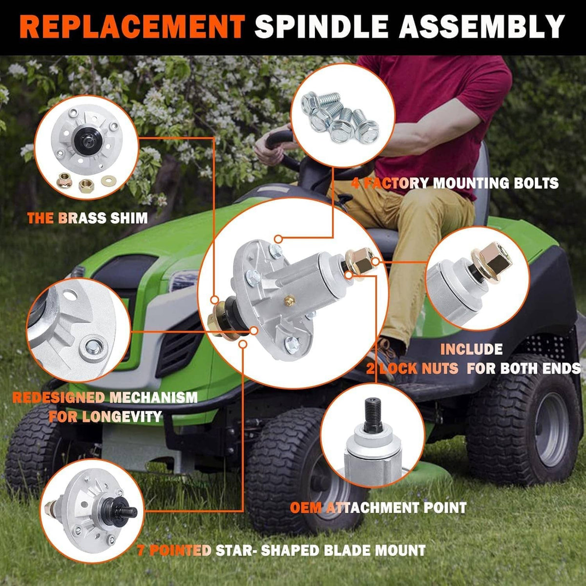 Replacement spindle assembly mounted on a lawn mower deck, with visible bolts and nuts