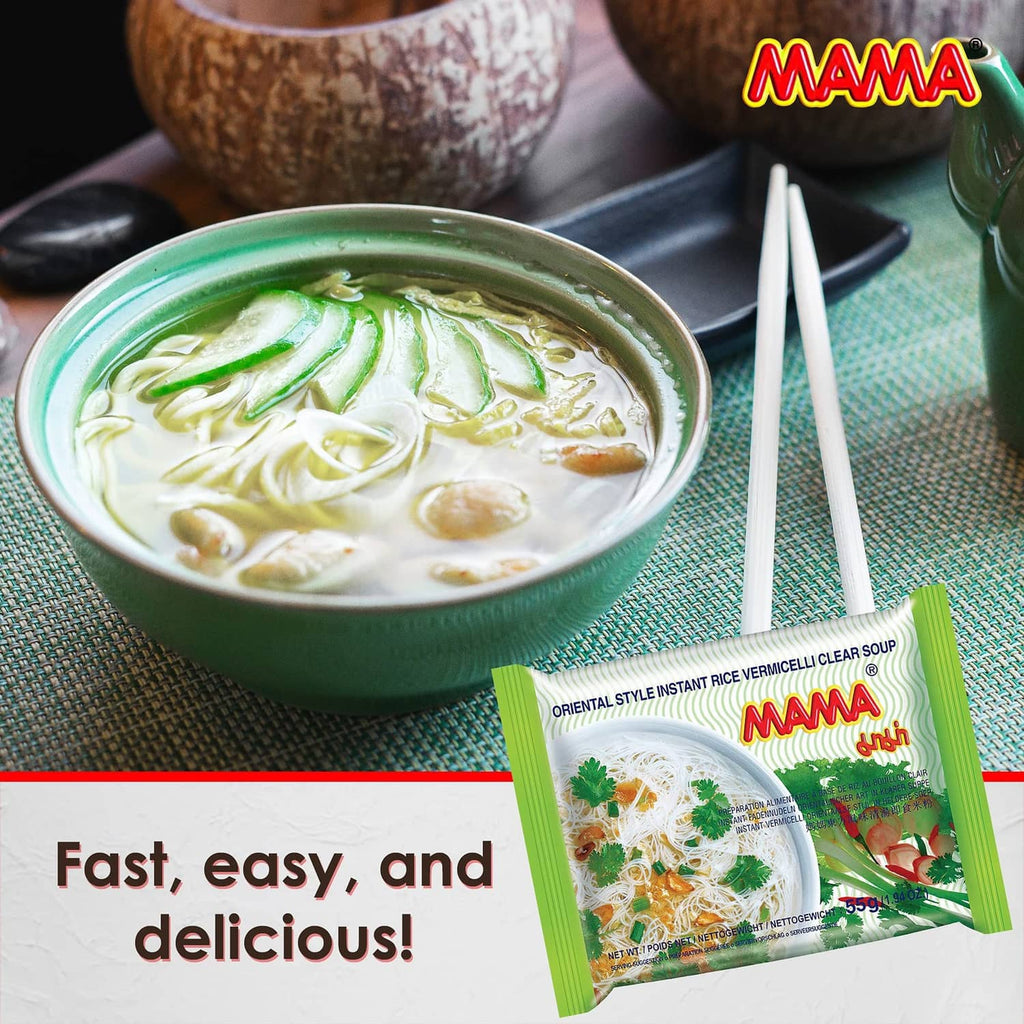 MAMA vermicelli clear soup instant rice noodles pouch with bowl of soup